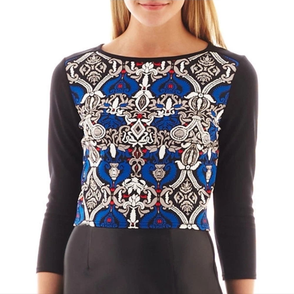 Nicole by Nicole Miller 3/4-Sleeve Print Crop Top Size‎ L New Preppy Business